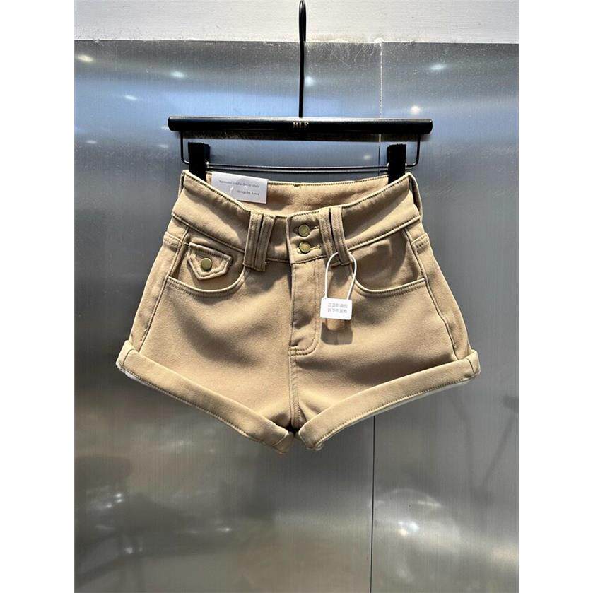 卡其色加绒加厚辣妹牛仔短裤女2025年秋冬新款双扣高腰时尚阔腿裤
