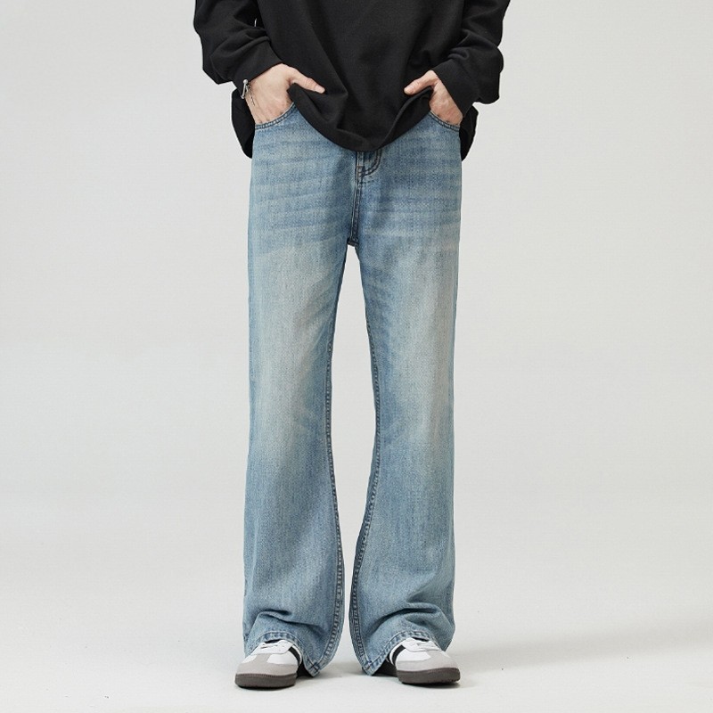 美式高街弯刀微喇牛仔裤男cleanfit潮牌高级感宽松直筒显瘦拖地裤