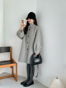 韩国egg新款蝴蝶结毛呢外套羊绒羊毛保暖中长款宽松大衣过年穿