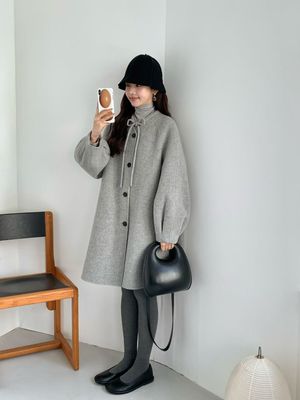 韩国egg新款蝴蝶结毛呢外套羊绒羊毛保暖中长款宽松大衣过年穿