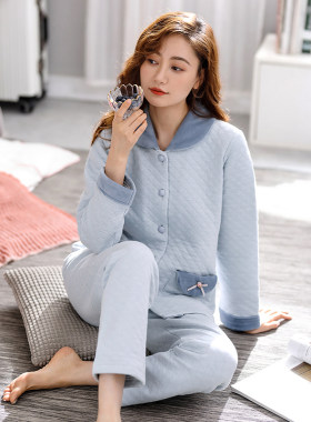 睡衣女士春秋款秋季加厚纯棉家居服空气棉夹层薄款夹棉.秋冬季套