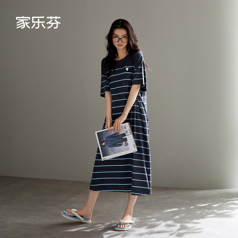家乐芬睡裙女士睡衣夏季夏款薄款莫代尔短袖长款大码连衣裙可外穿