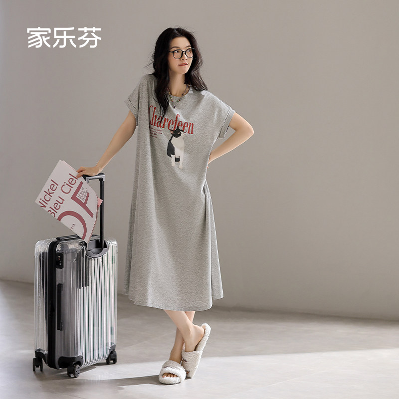 家乐芬睡裙女睡衣夏季夏天薄款短袖莫代尔裙子休闲长款猫咪可外穿