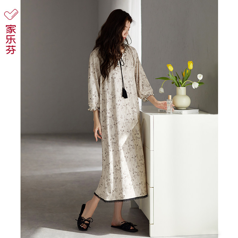 家乐芬睡衣女睡裙春夏季夏款莫代尔七分袖中长袖春秋薄款春款长款