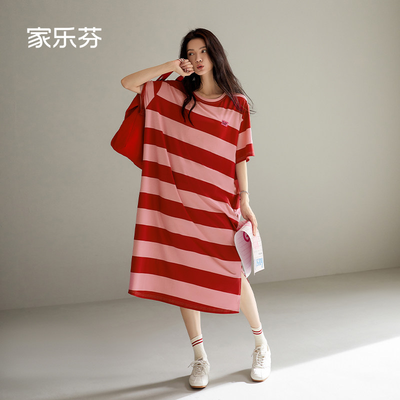 家乐芬睡裙女睡衣夏季夏天短袖莫代尔大码宽松条纹长款休闲可外穿