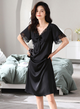 睡裙女睡衣夏季夏天高级感丝绸冰丝仿真丝短袖长款大码宫廷风法式