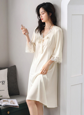 睡裙女睡衣春秋高级感丝绸冰丝仿真丝长袖长款白色夏季宫廷风法式