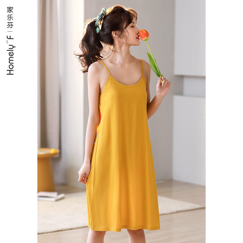 带胸垫bra丝光棉吊带睡衣睡裙女士纯棉背心夏季夏天薄款连衣裙子