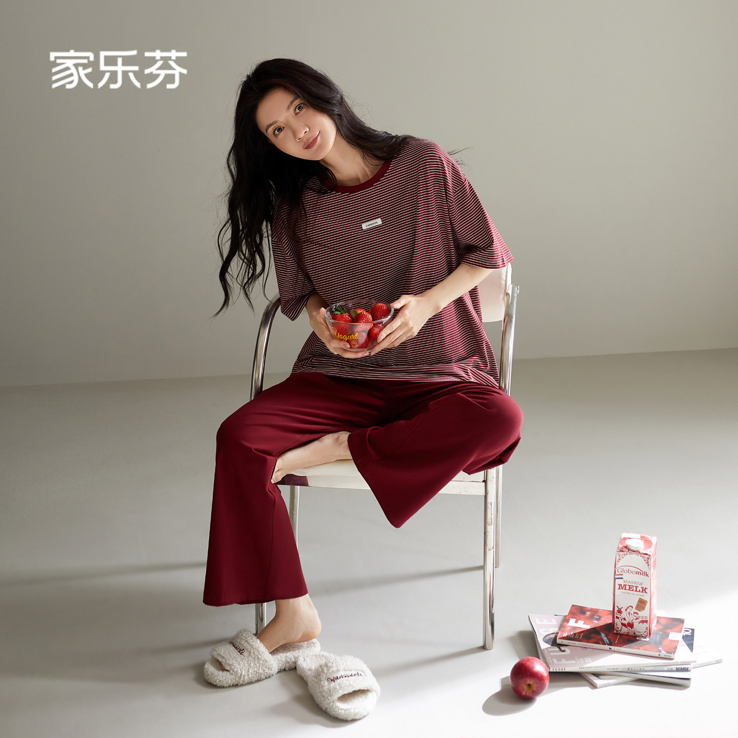 家乐芬睡衣女夏季薄款短袖长裤纯棉家居服大码休闲条纹可外穿红色