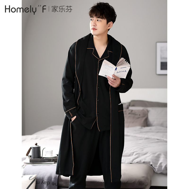 睡袍男士睡衣秋冬季纯棉长袖浴袍浴衣长款春秋家居服男款三件套装