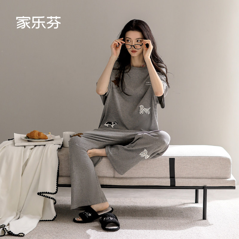 家乐芬睡衣女夏季夏款夏天短袖长裤纯棉家居服大码休闲小狗可外穿