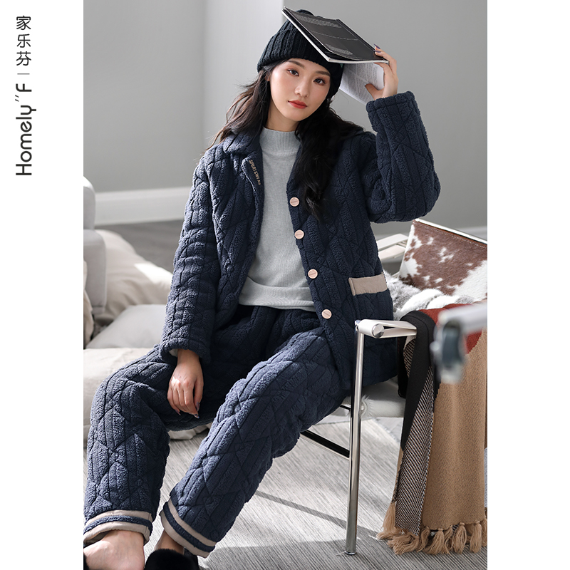 女士法兰绒夹棉睡衣冬季保暖