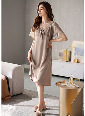 睡裙女睡衣夏季夏天夏款高级感丝绸冰丝短袖长款大码连衣裙宫廷风