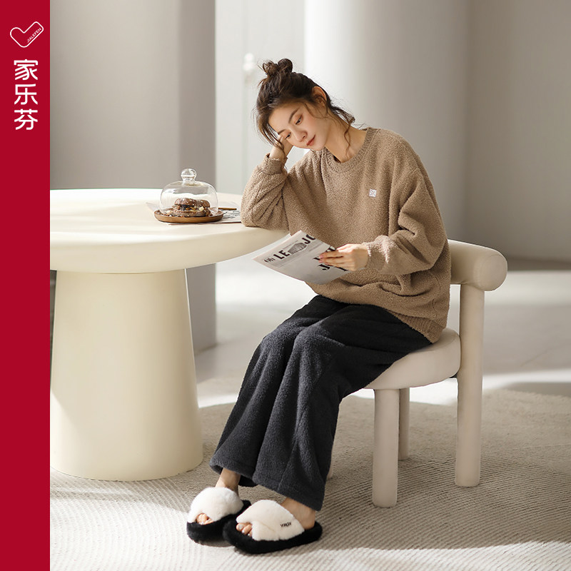 家乐芬睡衣女士秋冬款冬季珊瑚绒加厚加绒保暖家居服圆领套头套装