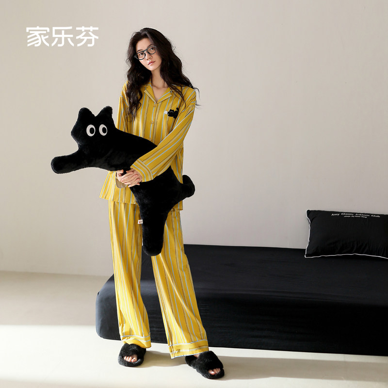 家乐芬睡衣女士春秋季纯棉长袖家居服小黑猫印花条纹时尚开衫套装,女士内衣/男士内衣/家居服,睡衣/家居服套装,淘宝优惠券,粉丝福利购,淘宝优惠卷