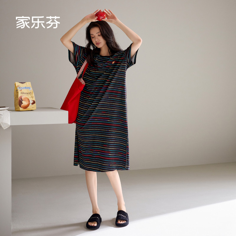 家乐芬睡裙女士睡衣夏季夏款莫代尔棉短袖中长款条纹连衣裙可外穿