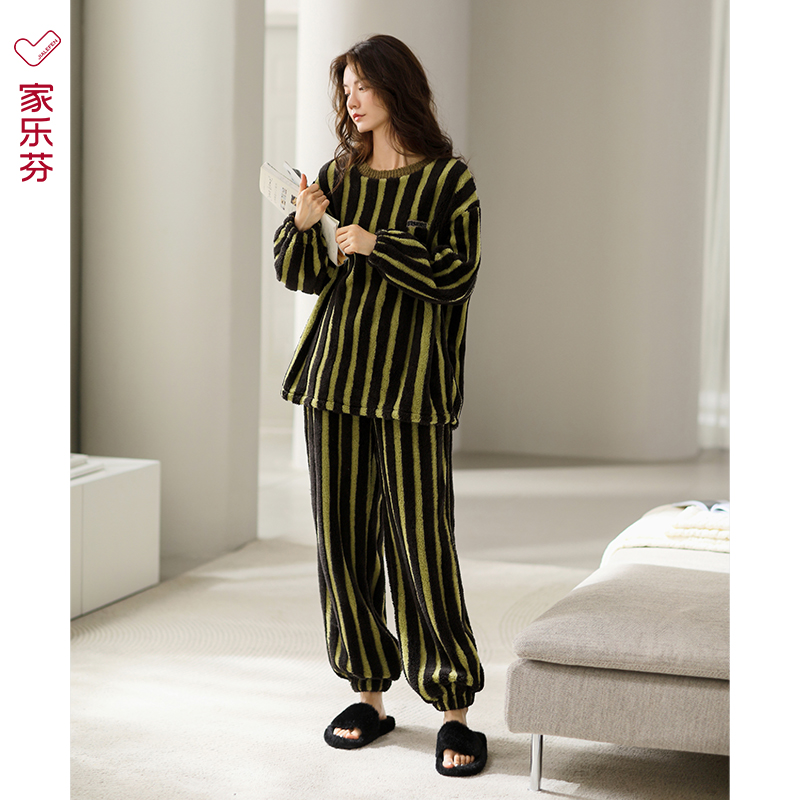 家乐芬睡衣女秋冬季冬款加厚加绒珊瑚绒家居服法兰绒圆领套头保暖