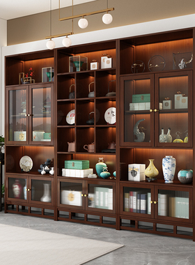 新中式实木博古架茶室背景置物架多宝阁书酒茶叶架商用带灯展示柜