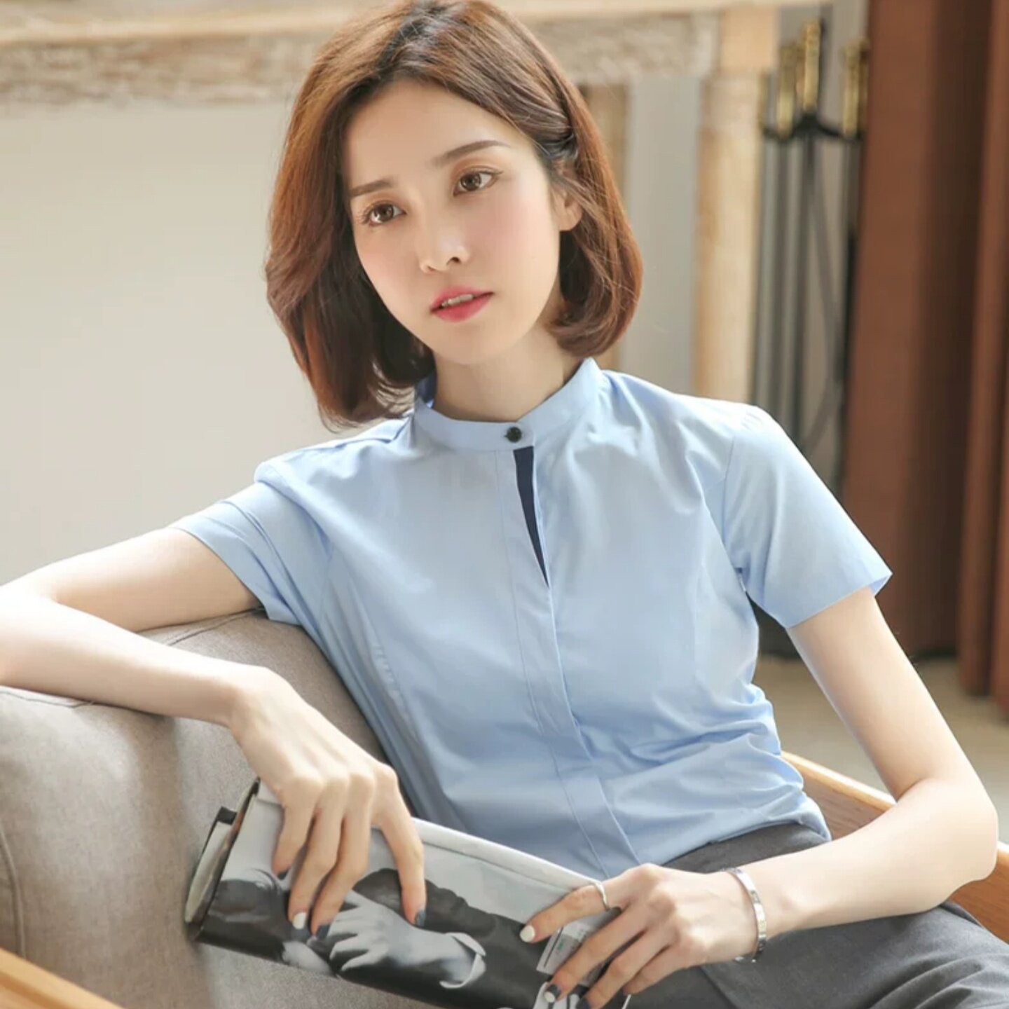 欧洲站抗皱正装立领衬衫女短袖