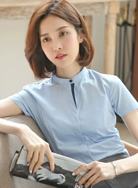 欧洲站高端蓝色抗皱拼接立领衬衫女短袖2026夏设计感小众通勤正装