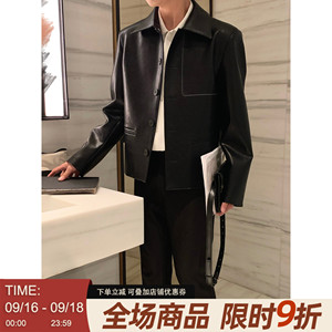 阿茶与阿古黑色明线皮衣外套男春秋新款高级感宽松皮夹克上衣