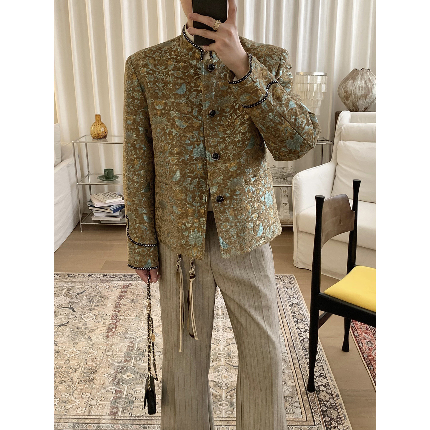 阿茶与阿古手工掐花刺绣外套男款秋冬新中式立领宽松休闲夹克上衣