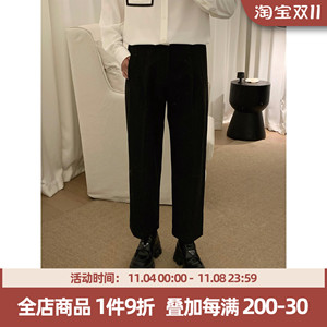 阿茶与阿古黑色毛呢西裤男秋冬潮牌新款直筒宽松百搭韩版休闲裤子