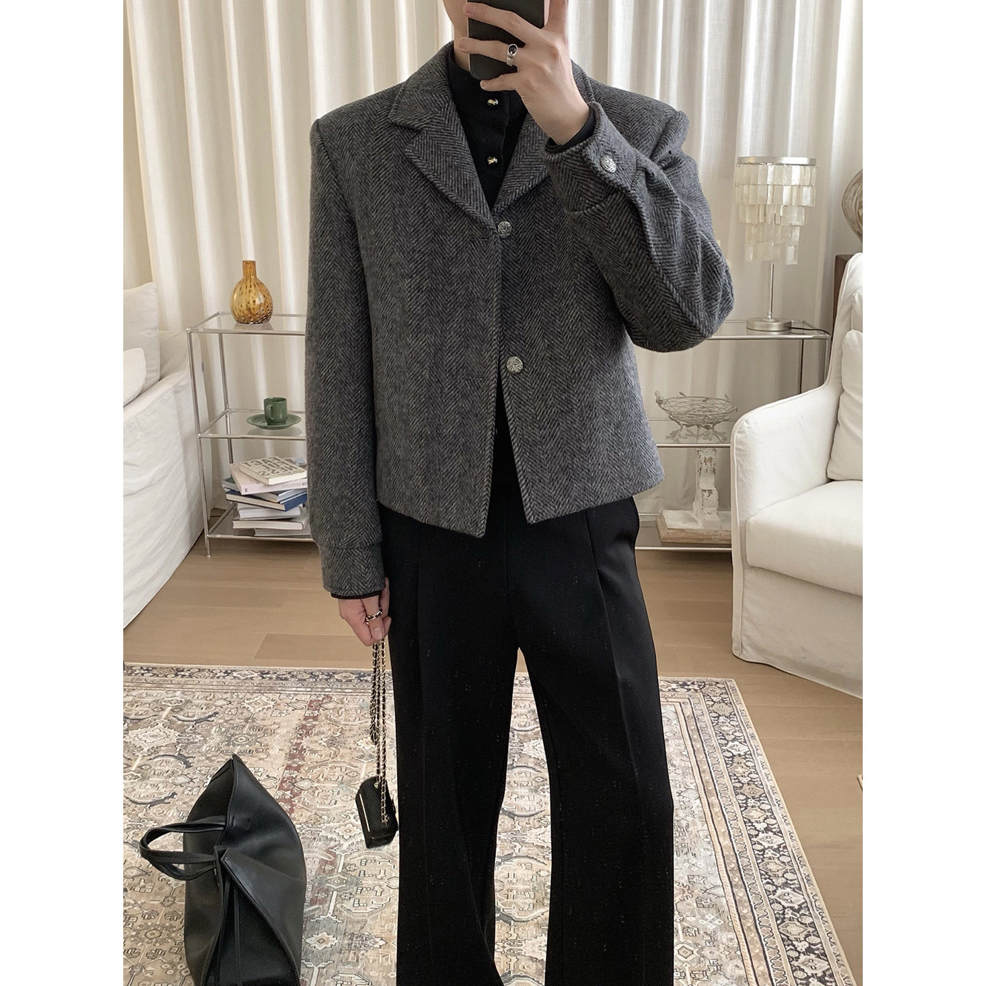 阿茶与阿古深灰人字纹羊毛外套男款秋冬简约宽松休闲短款夹克上衣