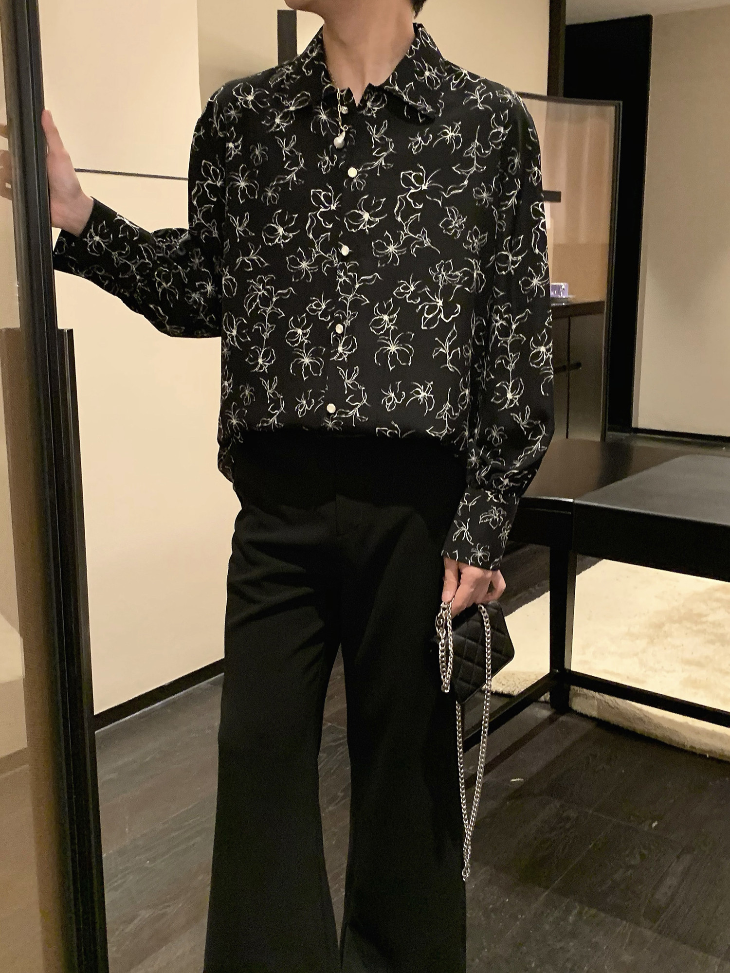 阿茶与阿古黑色碎花衬衫男长袖高级感痞帅小众设计春秋宽松衬衣