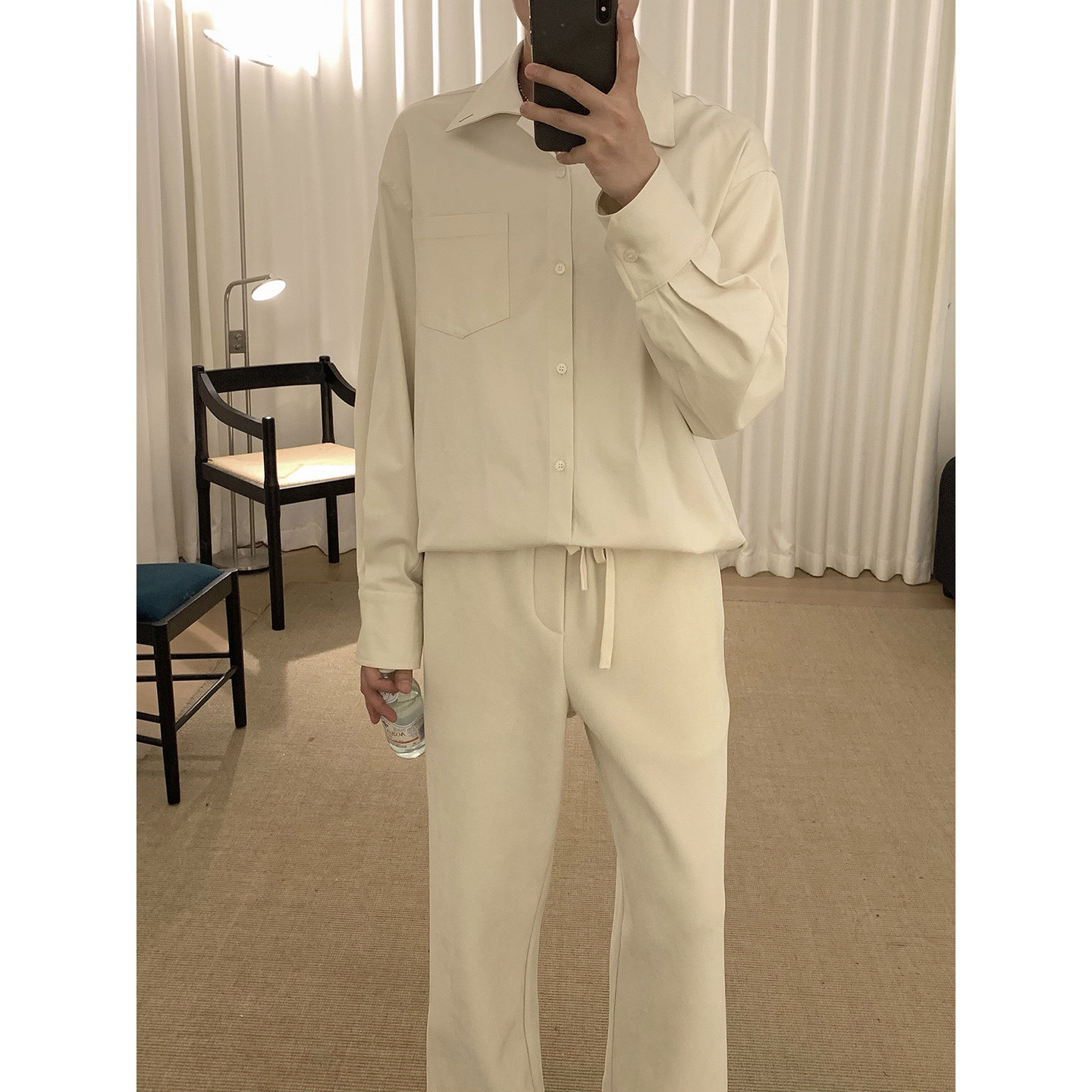 阿茶与阿古杏色cleanfit衬衫男款长袖秋季韩版百搭宽松休闲衬衣