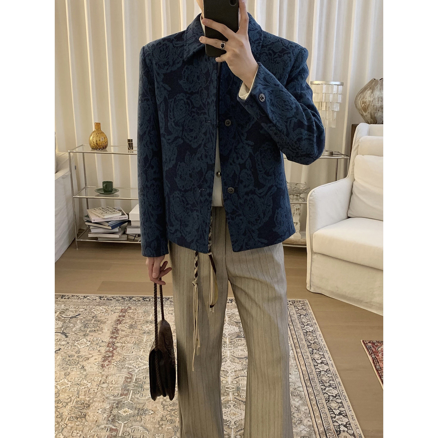 阿茶与阿古深蓝提花外套男款冬季夹棉新中式宽松休闲夹克上衣