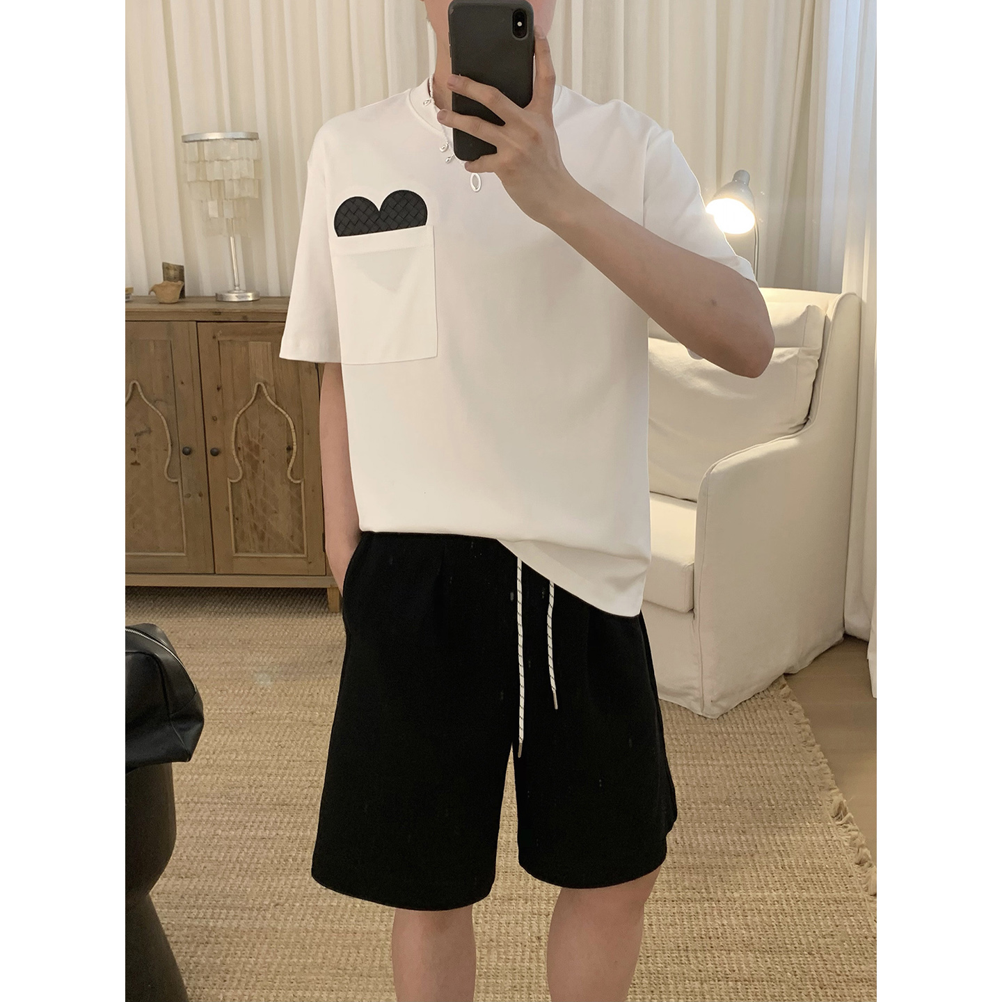 阿茶与阿古白色爱心口袋短袖t恤夏季韩版潮流宽松休闲百搭上衣