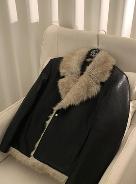 阿茶与阿古【意式时髦】黑色翻领皮衣外套男款冬季夹棉毛毛皮夹克