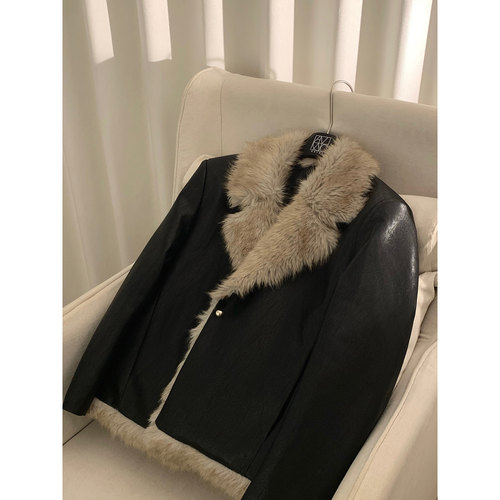 阿茶与阿古【意式时髦】黑色翻领皮衣外套男款冬季夹棉毛毛皮夹克