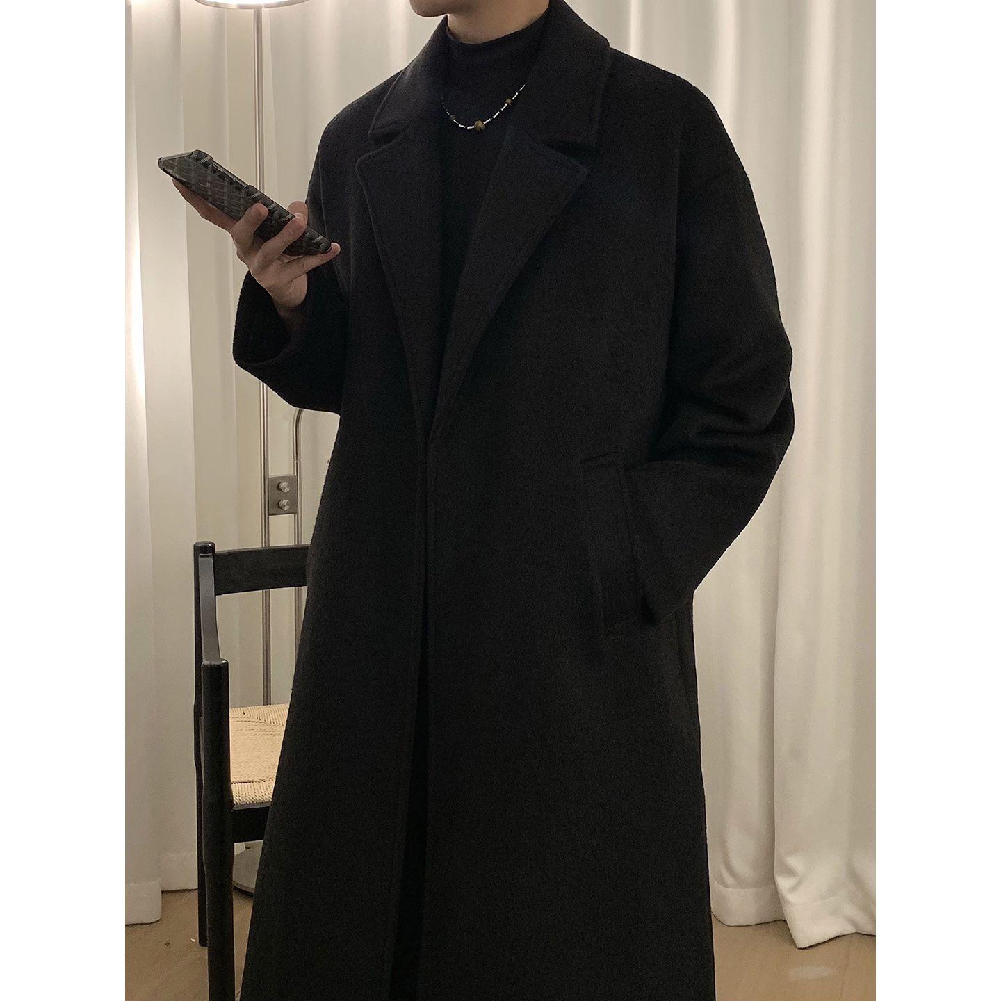 阿茶与阿古黑色毛呢大衣男中长款秋冬韩版宽松休闲中长款呢子外套