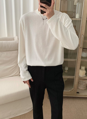 阿茶与阿古黑白色宽松长袖t恤男春季基础款百搭休闲压纹内搭上衣