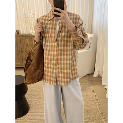 阿茶与阿古夏季黄色格子衬衫男薄款日系复古潮流宽松防晒衬衣外套
