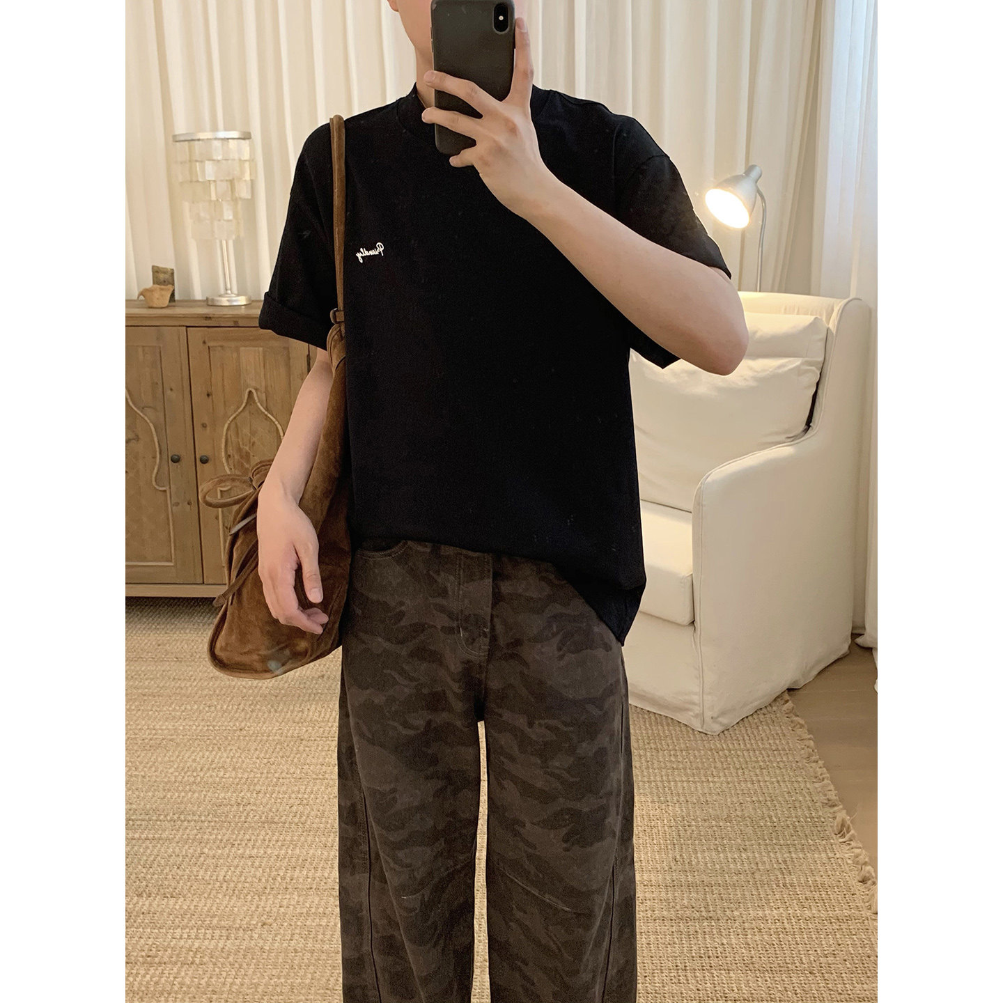 阿茶与阿古黑色前后印花短袖t恤男款夏季韩版潮流宽松休闲上衣