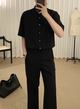 阿茶与阿古黑色新中式短袖衬衫男款夏季新款宽松休闲气质立领衬衣