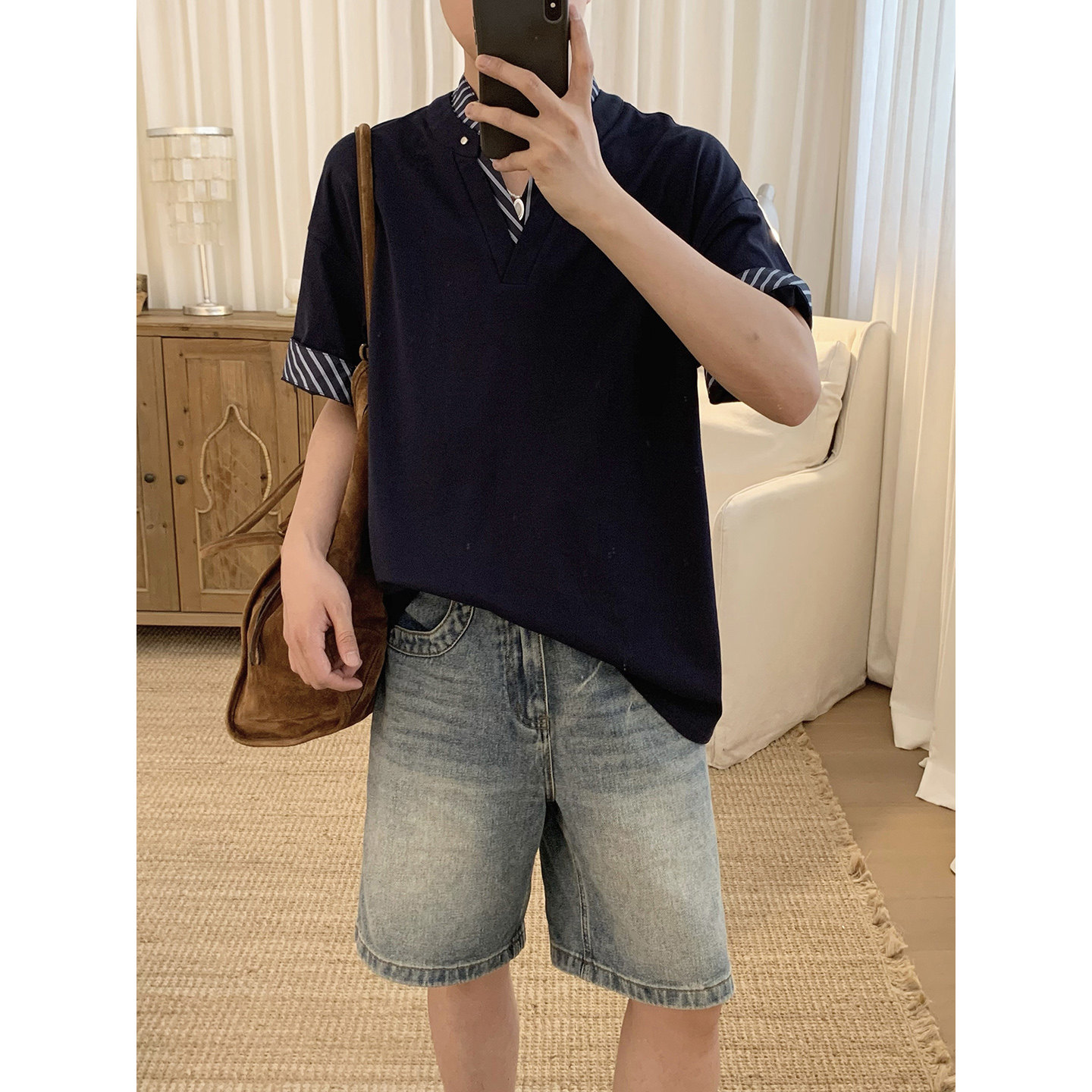 阿茶与阿古假两件条纹拼接短袖t恤男款夏季韩版潮流宽松休闲上衣
