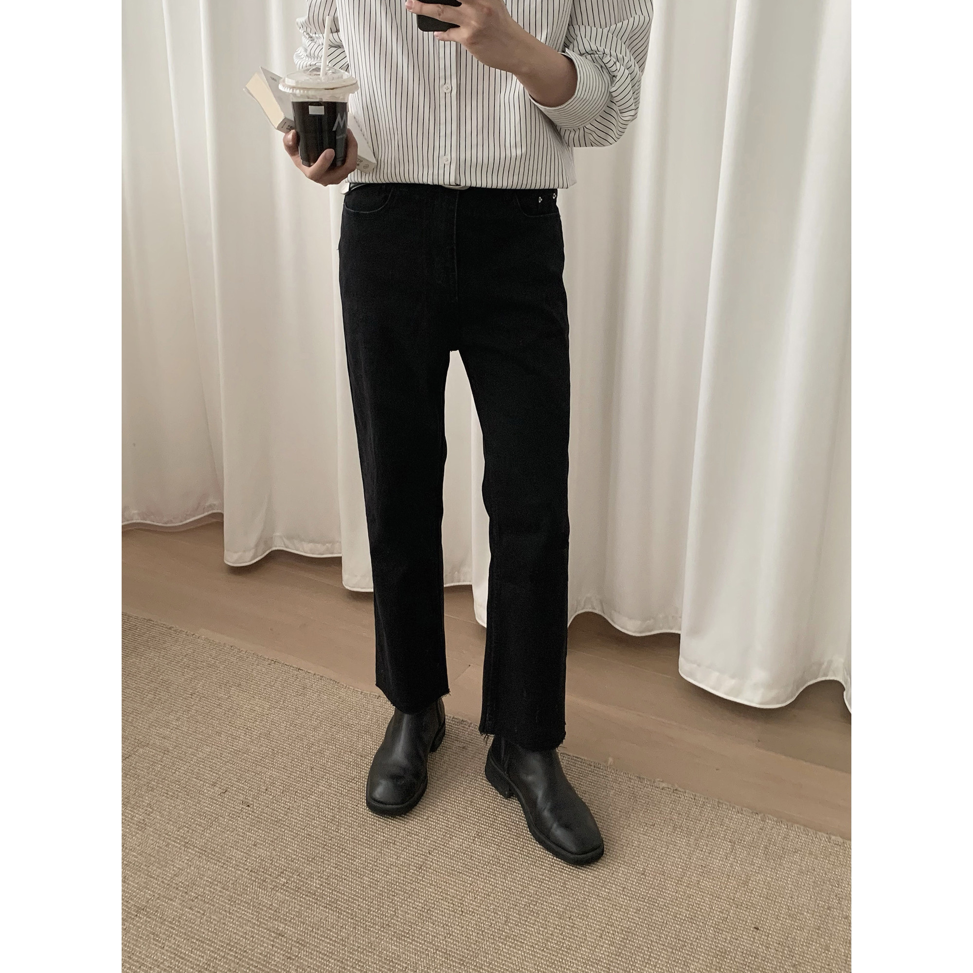 阿茶与阿古黑色须边牛仔裤男直筒春秋新款韩版宽松九分休闲裤子