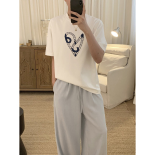 阿茶与阿古白色爱心刺绣短袖t恤男款夏季韩版潮流宽松休闲上衣