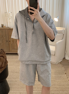 阿茶与阿古夏季灰色短袖休闲套装男潮流新款宽松连帽短袖卫衣短裤