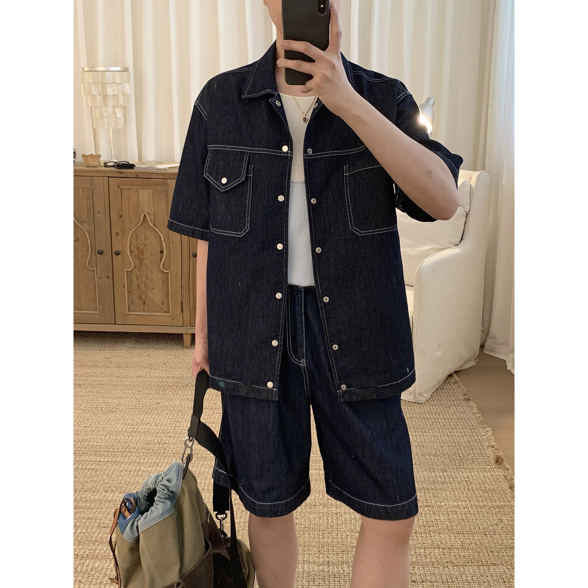 阿茶与阿古蓝色牛仔休闲套装男夏季潮流宽松牛仔短袖衬衫牛仔短裤