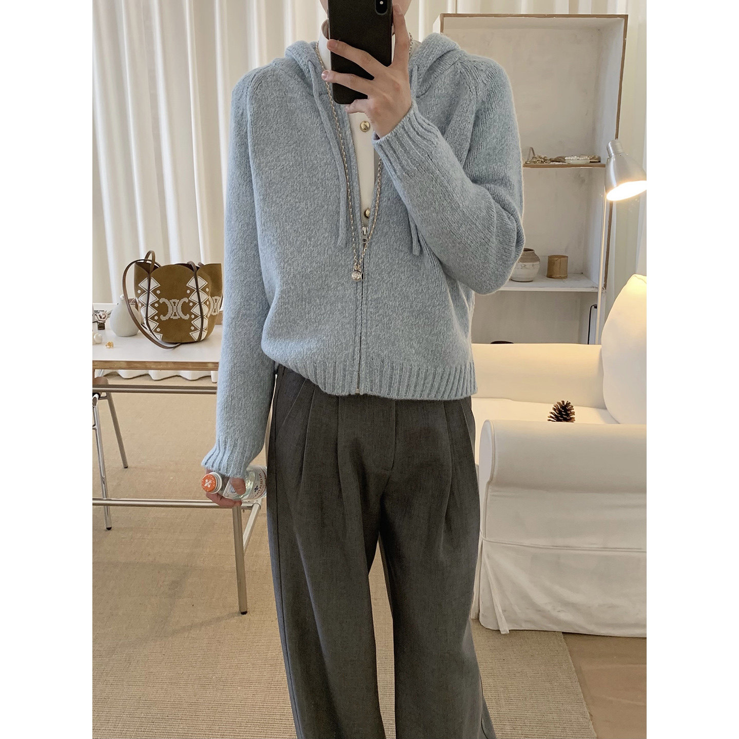 阿茶与阿古蓝色松弛感针织开衫男秋季连帽短款宽松休闲毛衣外套