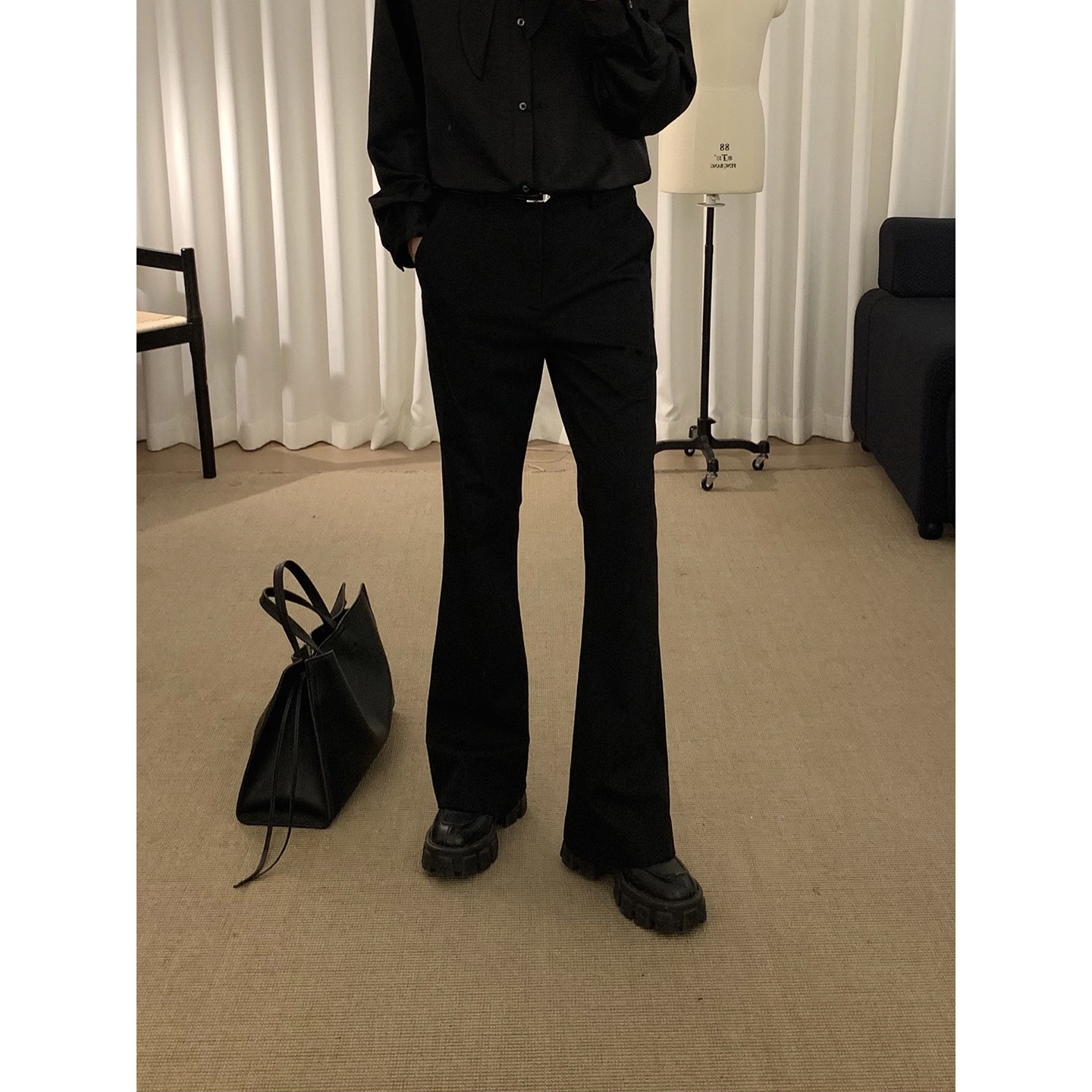 阿茶与阿古黑色简约微喇喇叭裤子男春季宽松显瘦显腿长休闲长裤