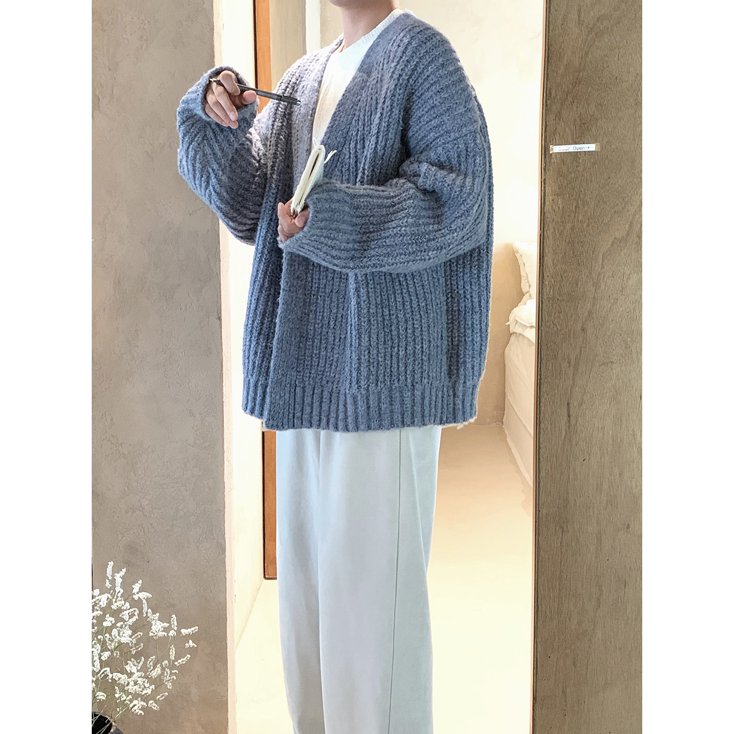 阿茶与阿古雾霾蓝毛衣外套男款秋冬新款韩版宽松休闲开衫针织衫