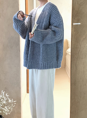 阿茶与阿古雾霾蓝毛衣外套男款秋冬新款韩版宽松休闲开衫针织衫