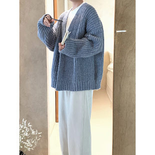 阿茶与阿古雾霾蓝毛衣外套男款秋冬新款韩版宽松休闲开衫针织衫