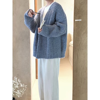 阿茶与阿古雾霾蓝毛衣外套男款秋冬新款韩版宽松休闲开衫针织衫
